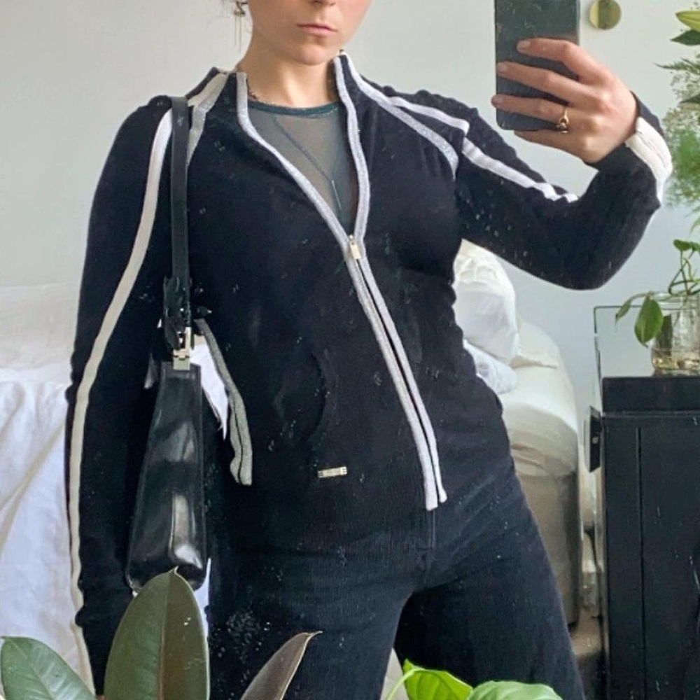 Y2K Bebe Sport Zip-Up Knit jacket black w/ silver and white racing stripes